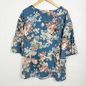 143 Story Line Up Floral Tunic Top Womens Large Blue Oversized 3/4 Bell‎ Sleeve